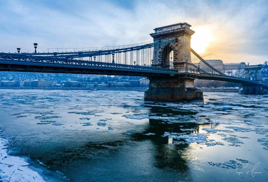 Budapest chain bridge in winter