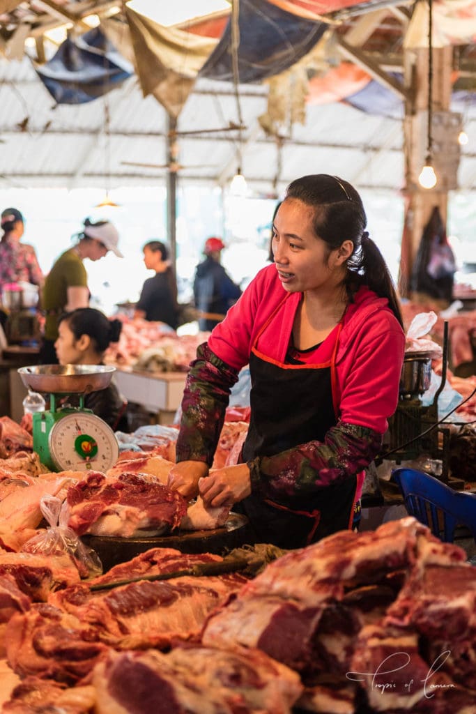 Woman chopping meat at SaPa market, Vietnam